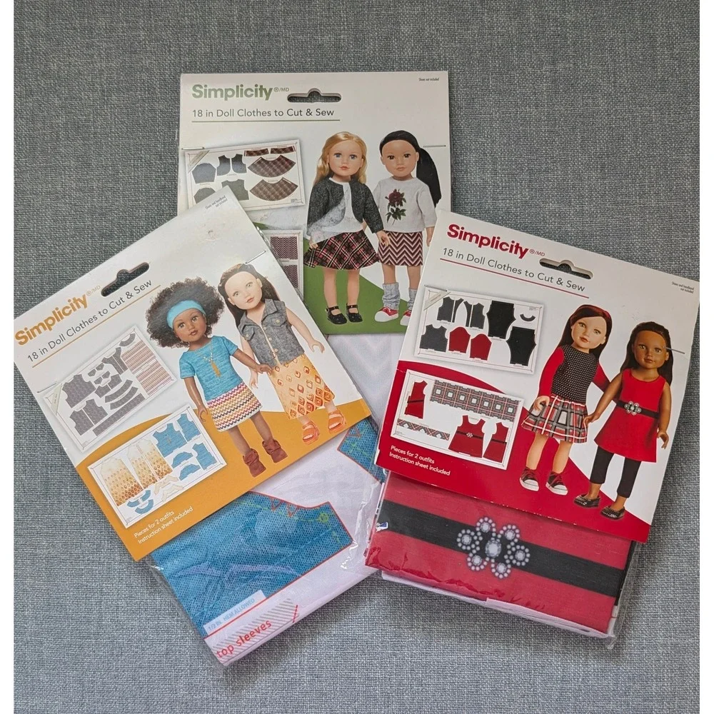 Simplicity 18 in Doll Clothes to Cut & Sew Fabric Kits Lot of 3 Plaid‎ Denim Red
